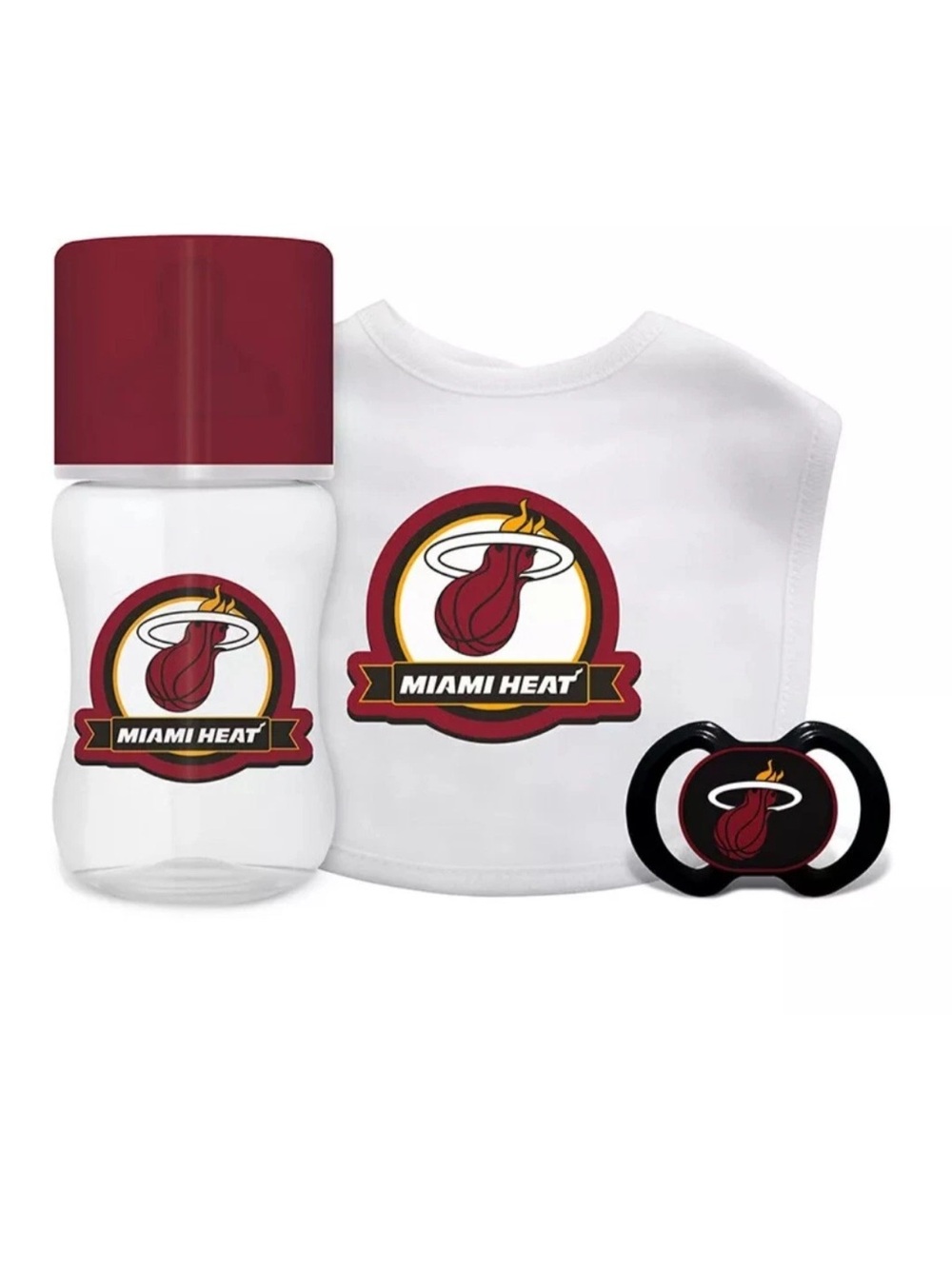 NBA Baby’s Starting Lineup MIAMI HEAT 3-pc Set Pacifier Baby Bottle & Bib NEW